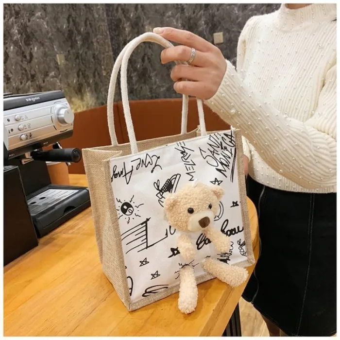 Girls Simple Cute Bear Handbag Ladies Fashion Commuter Canvas Bag Cubic Bear Decoration Canvas Material - Image 1