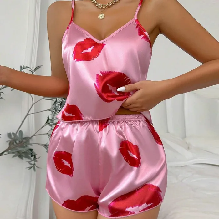 Women's Cute Heart Print Satin Pajama Set - V Neck Cami Top and Elastic Shorts for Comfortable Sleep and Lounging Homewear - Image 8