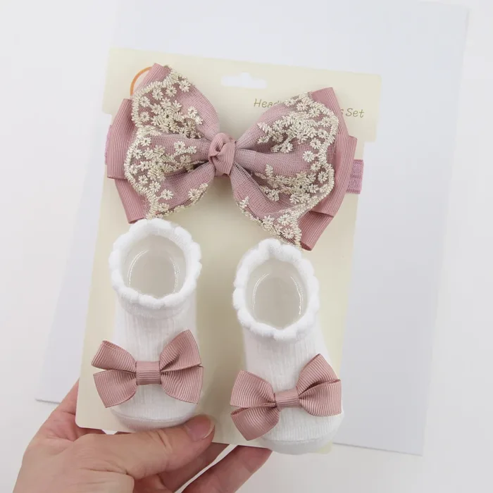 3Pcs/Set Leg Ruffled Cotton Socks Baby Girls  Kids Clothing with Lacework Toddlers Cotton Hair Ribbon Bows Sock Elastic Hairband - Image 4