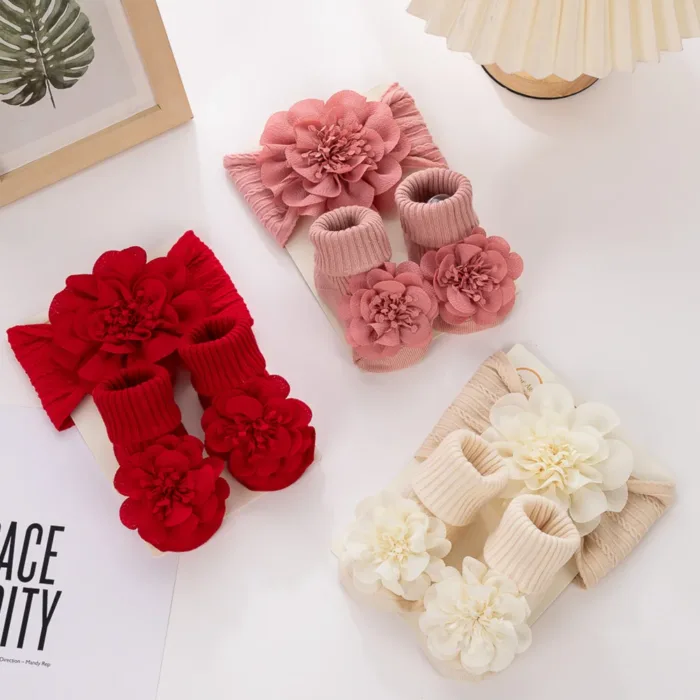 3Pcs/Set Lace Flower Baby Headbands Socks Wing Bow Cotton Non-slip Anklet 0-12M Stockings Wide Elastic Hairbands Infant Socks - Image 1