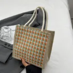 Women Woven Handbag Tote Bag Korean Style Ladies Button Handheld Linen Bags Button/Zipper Handheld Linen Bags Small Shopping Bag - Image 12