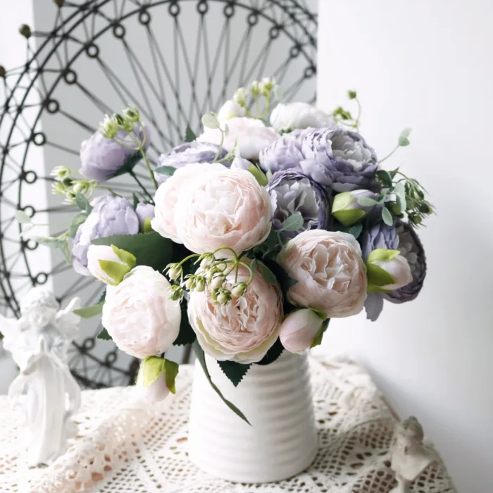 30cm Rose White Peony Artificial Flowers Bouquet 5 Big Head and 4 Bud Cheap Fake Flowers for Home Wedding Decoration Indoor - Image 3