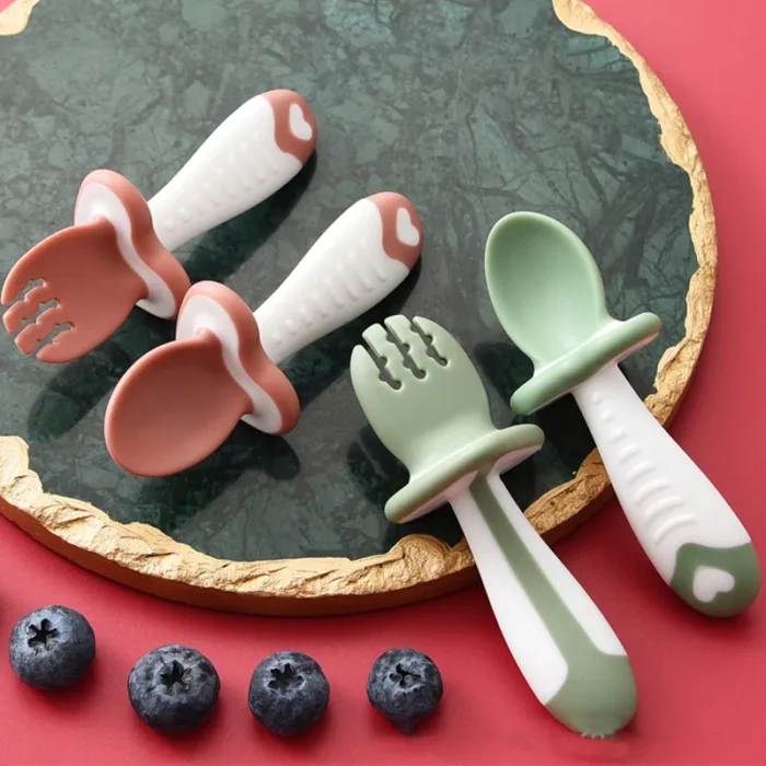 2Pcs/Set Baby Spoon Fork Silicone Children's Cutlery Set Feeding Baby Baby Tableware Baby Learn Spoon Set Short Easy Spoon - Image 1