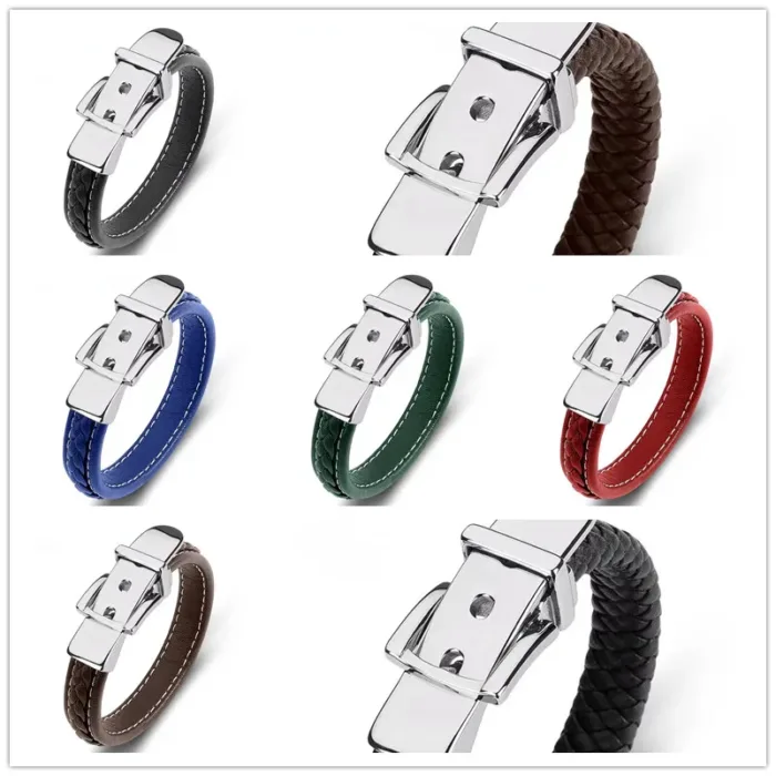 European and American Style Belt Buckle Stainless Steel Trendy Punk Style Men's Bracelet Multicolor Wide Leather Rope Bracelet - Image 6