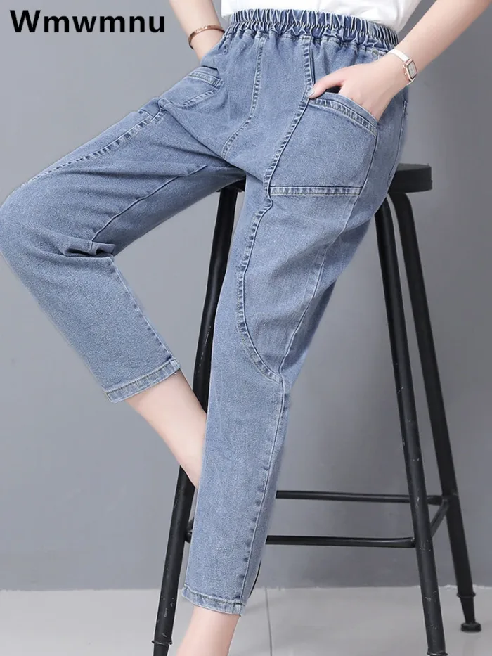 Women Plus Size 4xl Casual Denim Ankle-length Pants Vintage Mom Baggy Vaqueros Elastic High Waist Spring Summer Harem Jeans - Image 1