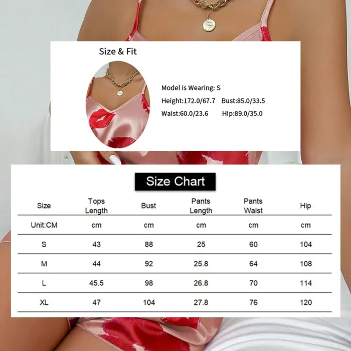 Women's Cute Heart Print Satin Pajama Set - V Neck Cami Top and Elastic Shorts for Comfortable Sleep and Lounging Homewear - Image 6