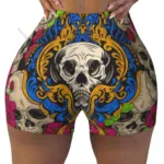 Women's Yoga Shorts Skulls And Pink Flowers Scrunch Booty Butt Lifting Comfort Fitness Gym - Image 2