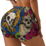 Women's Yoga Shorts Skulls And Pink Flowers Scrunch Booty Butt Lifting Comfort Fitness Gym