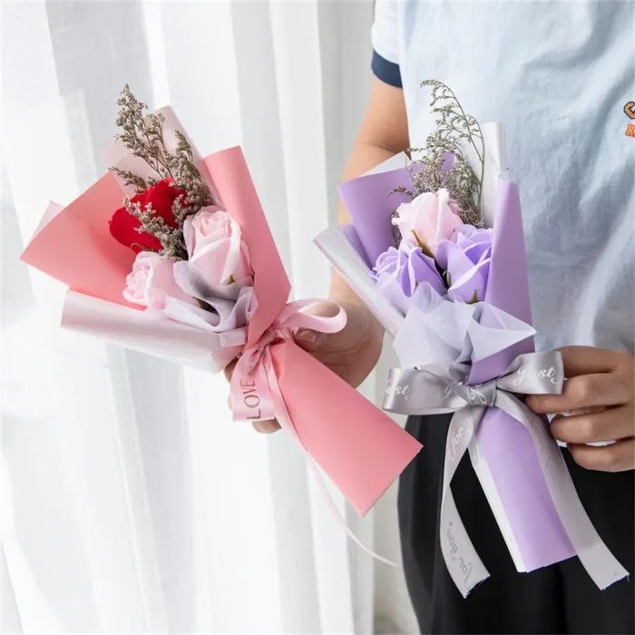 Artificial Soap Flower Rose Bouquet Gift Bags Valentine'S Day Birthday Gift Wedding Home Decor 3 Heads Rose Soap Bouquet Gift - Image 2