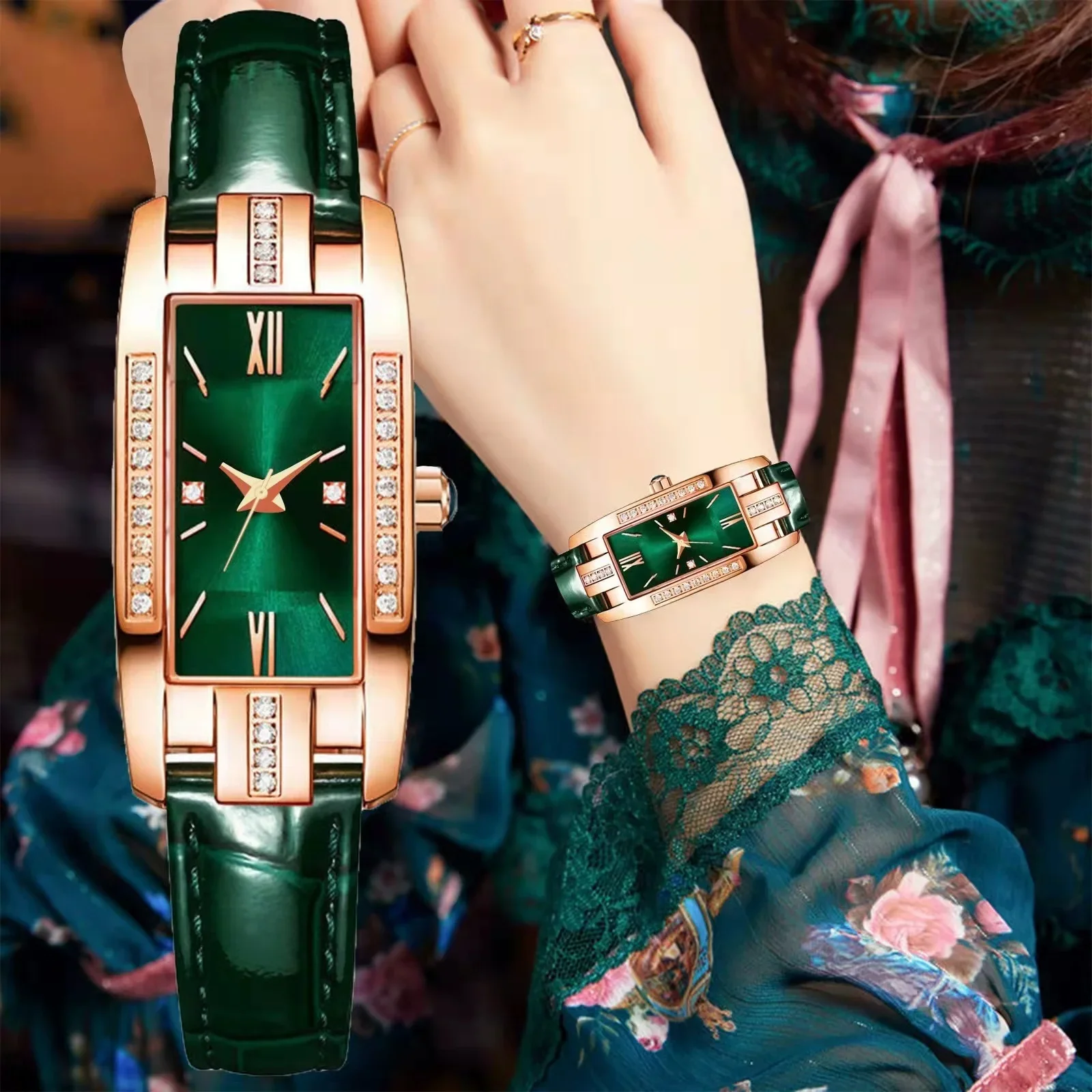 S9757dde0f06a42b395484edc710fa75cy-2.webp High Quality Classic Retro Women Belt Quartz Square Green Quartz Watch Student Women Wear Clock Luxury Style Montre Femme - Image 1