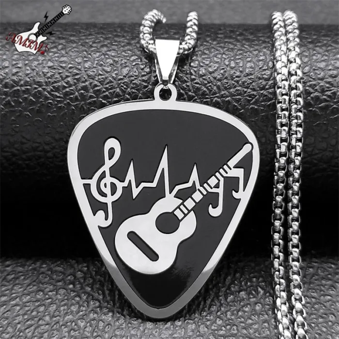 Rock Music Note Guitar Pick Necklace for Women Men Silver Color Stainless Steel Musical Symbol Chain Necklaces colares N7957S06 - Image 1
