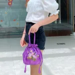 Small Women Bucket Bag Top Handle Ladies Handbag Phone Bag Summer Purse National Style Embroidered Flower Pattern Drawstring Bag - Image 4