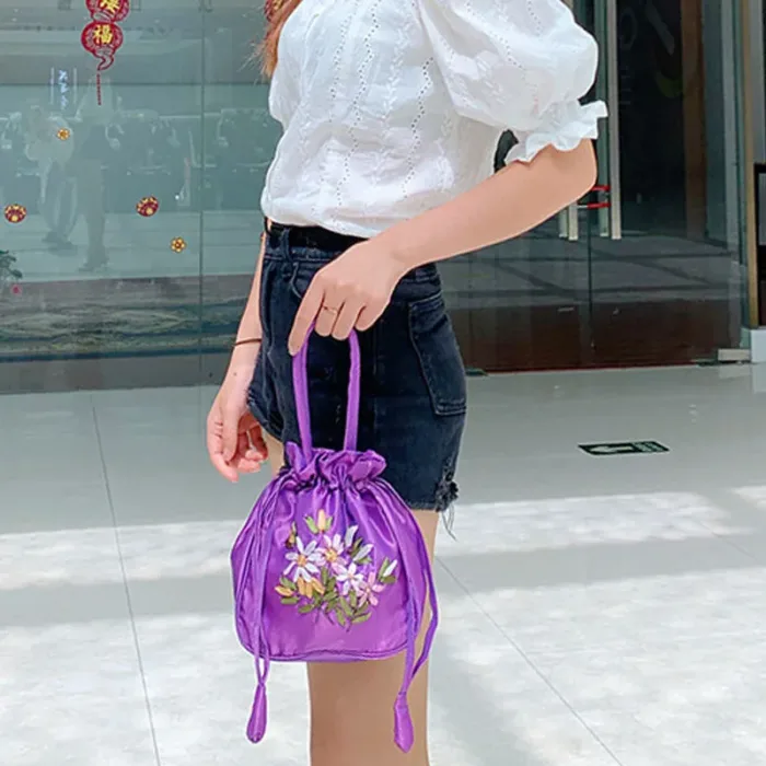 Small Women Bucket Bag Top Handle Ladies Handbag Phone Bag Summer Purse National Style Embroidered Flower Pattern Drawstring Bag - Image 4