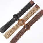 Braided Waist Belt Black Coffee Female Belt Vintage Boho Round Wooden Smooth Buckle Fake Straw Wide Belts Waist Strap For Women - Image 4