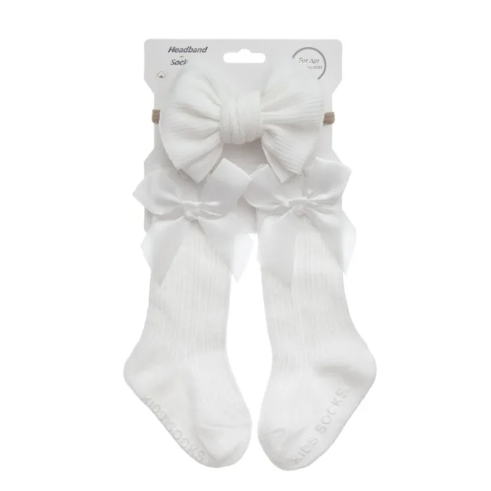 3Pcs/Set Baby Cotton Knee Socks Silk Stain Hair Bow Headbands Non-slip 0-12M Long Leggings Stockings Nylon Hairbands Infant Sock - Image 8