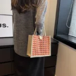 Women Woven Handbag Tote Bag Korean Style Ladies Button Handheld Linen Bags Button/Zipper Handheld Linen Bags Small Shopping Bag - Image 6