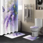 Oil Painting Purple Lavender Butterfly Shower Curtain Set Non-Slip Rugs Bath Mat Toilet Lid Cover Waterproof Bathroom Curtain - Image 2