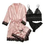 Women's Satin Pajama Set 4pcs Floral Lace Trim Cami Lingerie Sleepwear with Robe Sleepwear Lace Cami Shorts Loungewear Pink - Image 2
