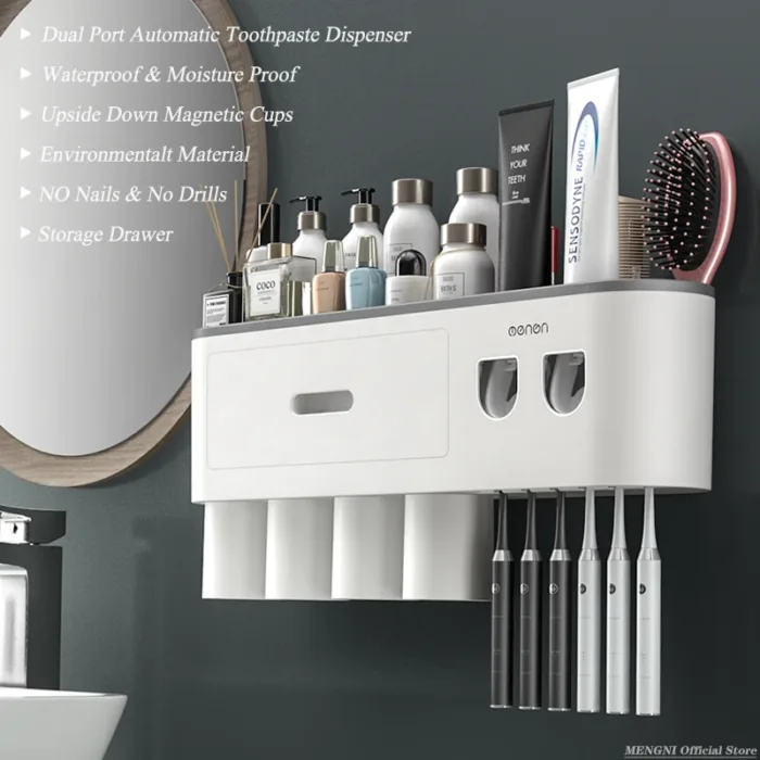 MENGNI-Magnetic Adsorption Inverted Toothbrush Holder Wall -Automatic Toothpaste Squeezer Storage Rack Bathroom Accessories - Image 2