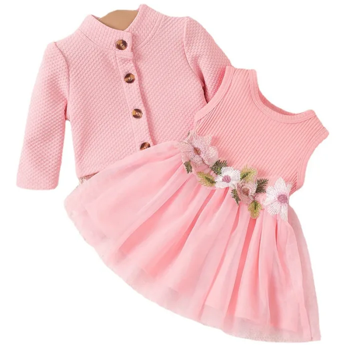 2Piece Sets Spring Autumn Newborn Girl Clothes Korean Fashion Solid Coat+Lace Flowers Princess Dress Baby Luxury Clothing BC859 - Image 1
