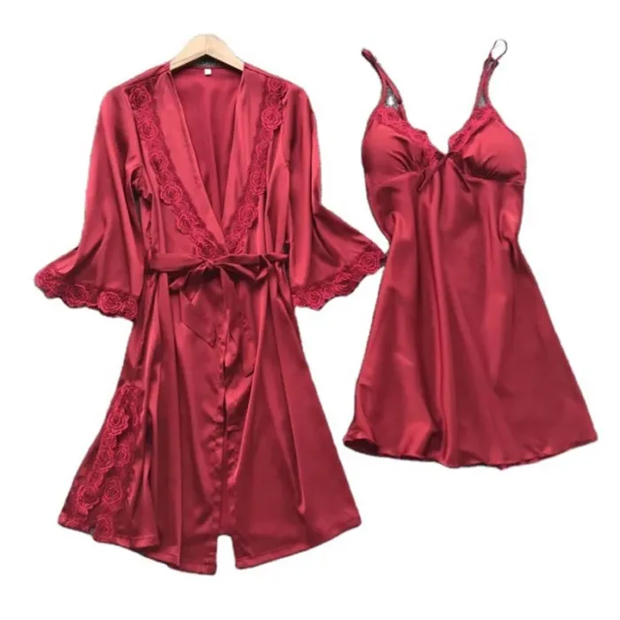 2PCS Leepwear Female Pajamas Set Satin Home Pyjamamas Lace Robe Sleep Suit V-Neck Wedding Nightwear Wear Nighty&Rob - Image 6