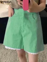 VONDA Women Fashion Casual Plaid Shorts 2024 Bohemian Holiday Summer Bottoms Party Oversized Printed Loose Lace Patchwork Shorts