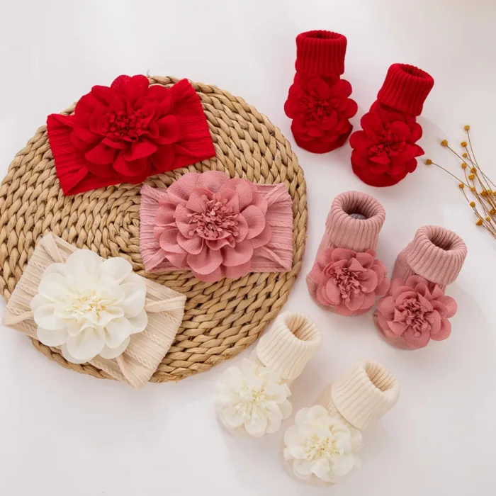 3Pcs/Set Lace Flower Baby Headbands Socks Wing Bow Cotton Non-slip Anklet 0-12M Stockings Wide Elastic Hairbands Infant Socks - Image 5