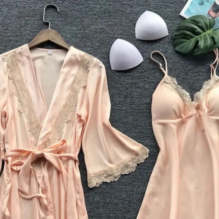 2PCS Leepwear Female Pajamas Set Satin Home Pyjamamas Lace Robe Sleep Suit V-Neck Wedding Nightwear Wear Nighty&Rob - Image 5