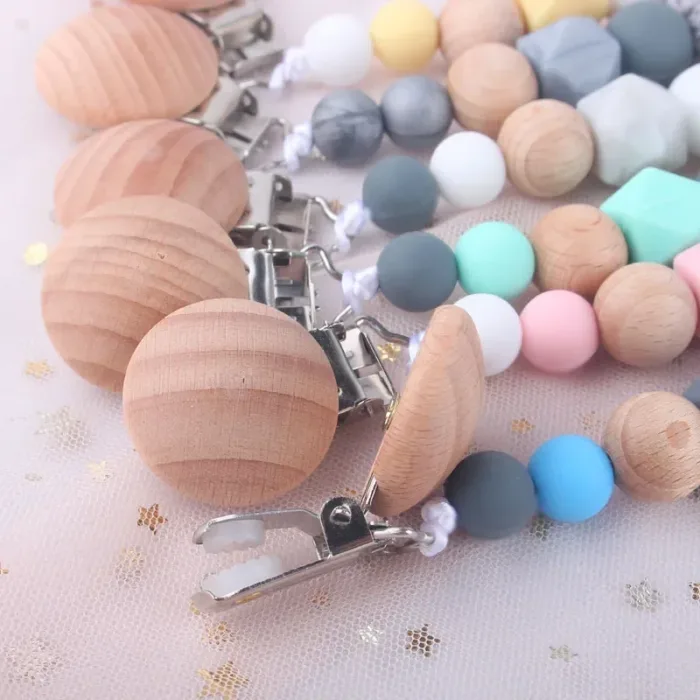 Silicone Dummy Clips Baby Pacifier Leashes & Cases  Infant Teething Toys Beech Cartoon Wooden Chewable Toy Newborn Shower Gifts - Image 2
