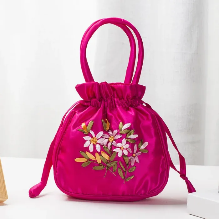 Small Women Bucket Bag Top Handle Ladies Handbag Phone Bag Summer Purse National Style Embroidered Flower Pattern Drawstring Bag - Image 8