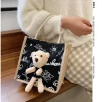 Girls Simple Cute Bear Handbag Ladies Fashion Commuter Canvas Bag Cubic Bear Decoration Canvas Material - Image 2