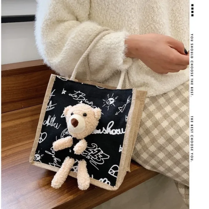 Girls Simple Cute Bear Handbag Ladies Fashion Commuter Canvas Bag Cubic Bear Decoration Canvas Material - Image 2