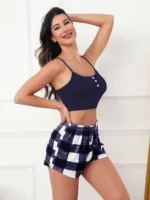 1 Set Plaid Print Pajama Set, Scoop Neck Cami Top & Elastic Waistband Shorts, Women's Sleepwear & Loungewear - Image 6