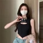 Casual Crop Tops Women Knit Irregular Tops Hollow Out Camisole Spicy Girl Outfit Female Fake Two Pieces Tank Tops with Bra Pad - Image 7