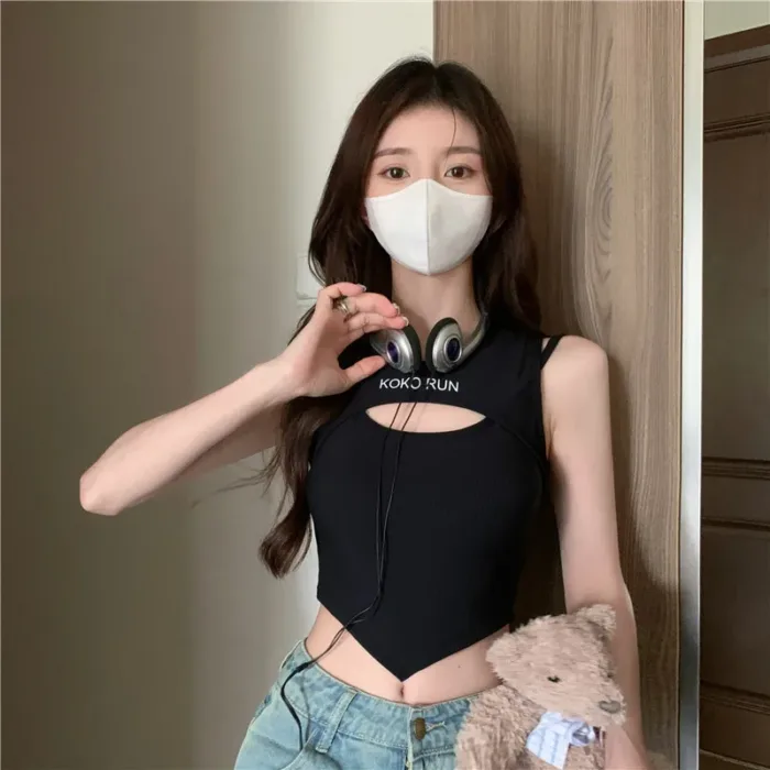 Casual Crop Tops Women Knit Irregular Tops Hollow Out Camisole Spicy Girl Outfit Female Fake Two Pieces Tank Tops with Bra Pad - Image 7