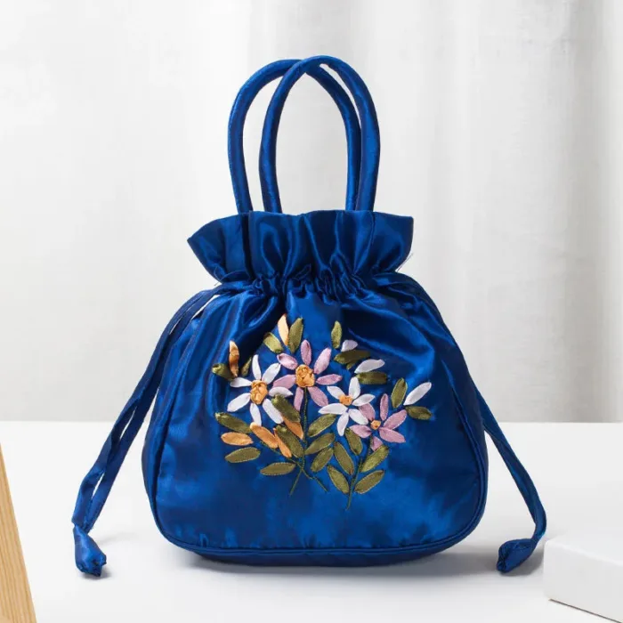 Small Women Bucket Bag Top Handle Ladies Handbag Phone Bag Summer Purse National Style Embroidered Flower Pattern Drawstring Bag - Image 13