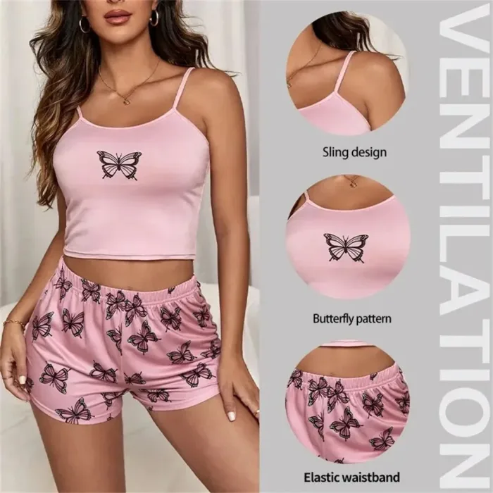 Two Piece Women's Suspender Printed Butterfly Round Neck Camouflage Top Paired with Shorts Women's Casual Pajama Set - Image 5