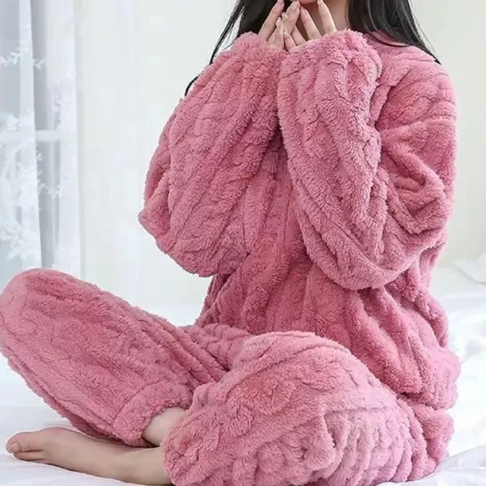 Autumn Women Solid Warm 2 Piece Sets Thicken Velvet Ribbed Fleece Set Pullover And Pants Women Casual Pajama Sets 2024 - Image 26