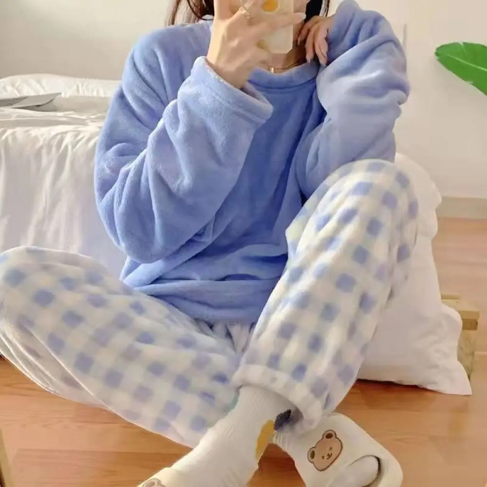 Sc249aae2876944fda66002e7046c98e74-1.webp Fleece Thick Warm Women's Pajamas Set Winter Sleepwear Casual Solid Top and Plaid Pants Soft Pijamas Set for Women Home Suit - Image 1