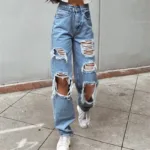 Hole Korean Oversize Streetwear Pants Ladies Hollow Out Ripped Straight Jeans Blue Punk Baggy High Waist Mom Boyfriend Denim