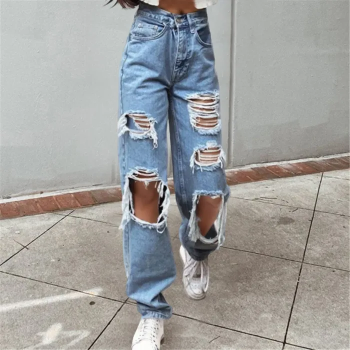 Hole Korean Oversize Streetwear Pants Ladies Hollow Out Ripped Straight Jeans Blue Punk Baggy High Waist Mom Boyfriend Denim - Image 1