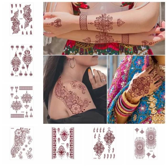 Red Lace Henna Tattoo Sexy Maroon Tattoo Stickers Waterproof India Mehndi Design Temporary Tattoos Finger Hand Tattoo for Women - Image 2