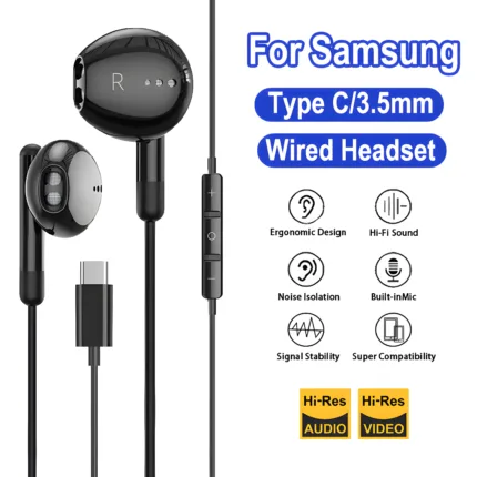 USB Type-C Wired Headphones For Samsung Galaxy S24 S23 S22 S20 10 Ultra 3.5mm In-Ear With Mic Music Bass Stereo Earbud Eadphones