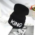Hot KING QUEEN Letter Embroidery Knitted Cap Hip Hop Men Women Lovers Street Dance Bonnet Warm Hat Skullies Black White - Image 3