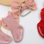 3Pcs/Set Big Bullet Bow Baby Headbands Elastic Nylon Hairbands Anti-Slip Socks Long Knee Cotton Sock 0-12M Maternity Clothing - Image 4