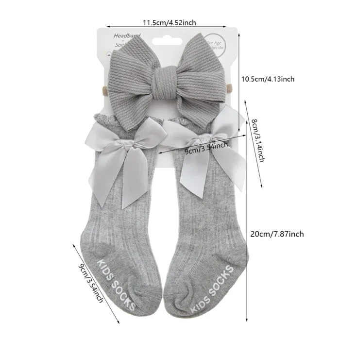 3Pcs/Set Baby Cotton Knee Socks Silk Stain Hair Bow Headbands Non-slip 0-12M Long Leggings Stockings Nylon Hairbands Infant Sock - Image 2