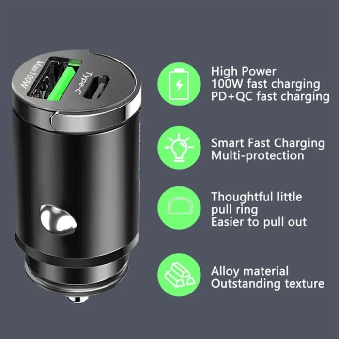 100W USB Car Charger Mini Invisible Car Charger Fast Charging Suitable for Apple/Xiaomi/Samsung/Huawei Mobile Phones - Image 6