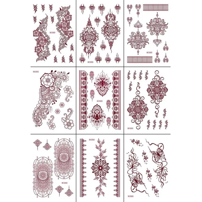 Red Lace Henna Tattoo Sexy Maroon Tattoo Stickers Waterproof India Mehndi Design Temporary Tattoos Finger Hand Tattoo for Women - Image 6