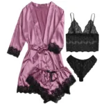Women's Summer Sexy Pajama Pants Set 4 Pieces Lace Satin With Silk Sleepwear Robe Fashion And Comfortable Nightwear - Image 7