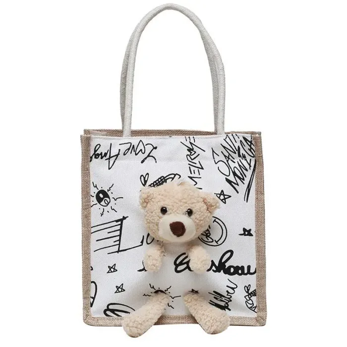 Girls Simple Cute Bear Handbag Ladies Fashion Commuter Canvas Bag Cubic Bear Decoration Canvas Material - Image 6